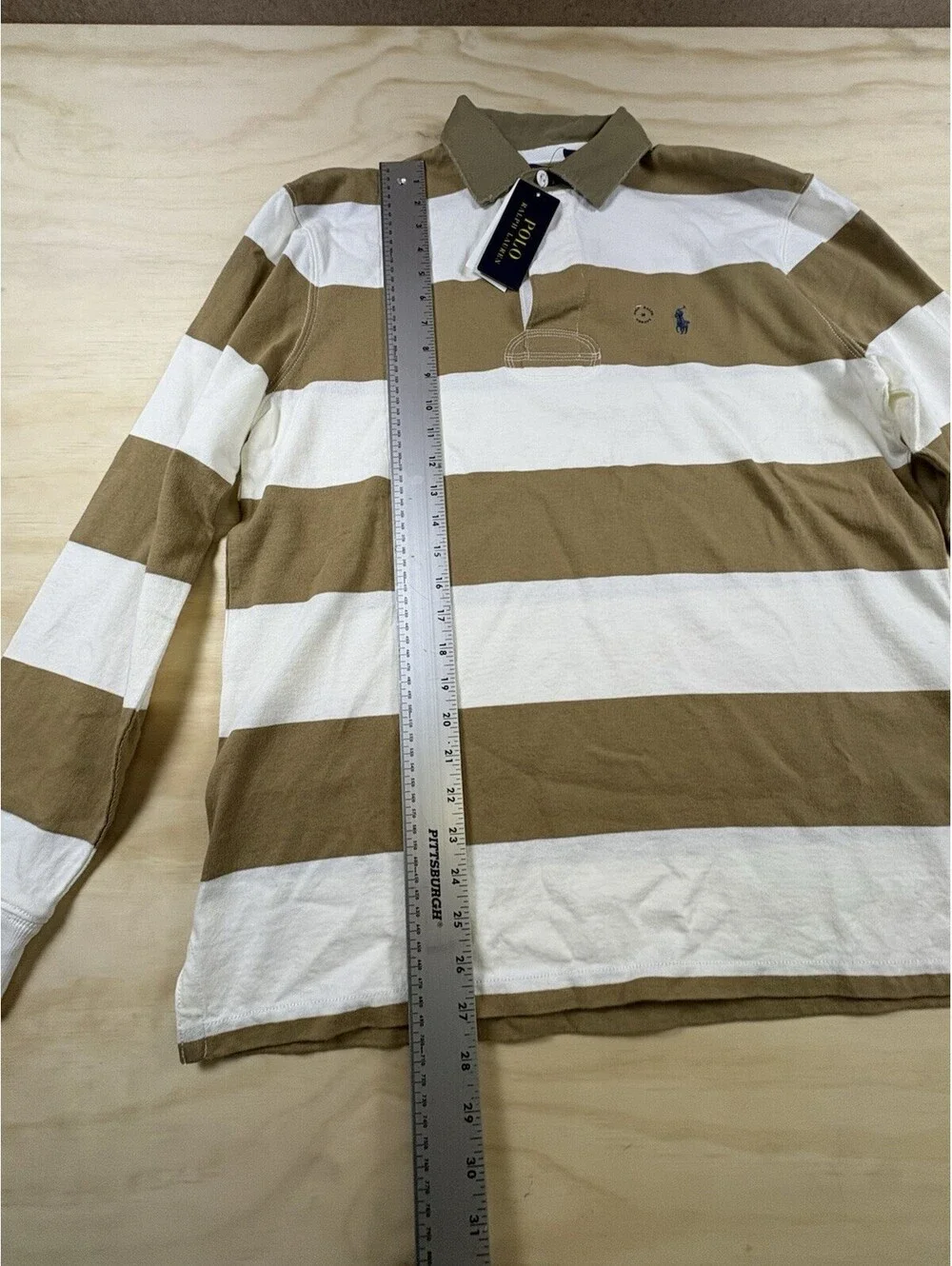 NWT Polo Ralph Lauren Rugby Shirt Men’s Medium Tan White Stripe Classic Fit